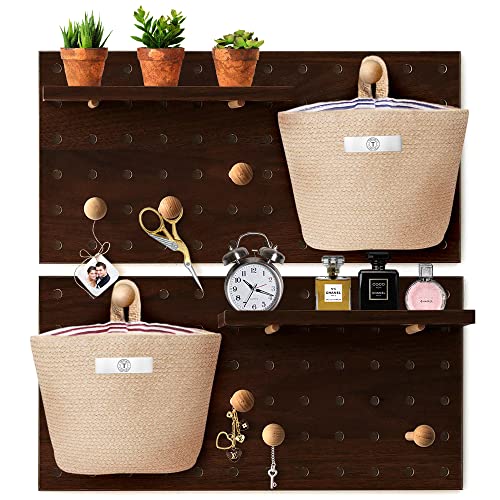 TAPUAJ 2 Wooden Peg Board Wall Organizer with 2 Wall Hanging Storage Bags, Sturdy Peg Board for Walls Modular Grid Organizer, Office pegboard Panels with 2 Shelves and 8 Hanging Toppers(Brown)