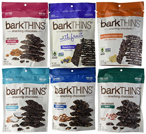 BarkTHINS Snacking Chocolate Variety Pack, 1-Dark Chocolate Toasted Coconut Almonds, 1- Dark Chocolate Blueberry Quinoa, 1-Dark Chocolate Mint, 1- Dark Chocolate Pretzel ,1-Dark Chocolate Pumpkin Seed, 1- Dark Chocolate Almond, 4.7 Ounce each (Pack of 6)