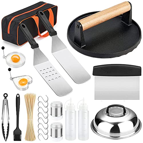 Blackstone Griddle Accessories Kit and Burger Press, 122 PCS Griddle Grill Tools Set Stainless Steel Grill BBQ Spatula Utensils Set with Storage Bag
