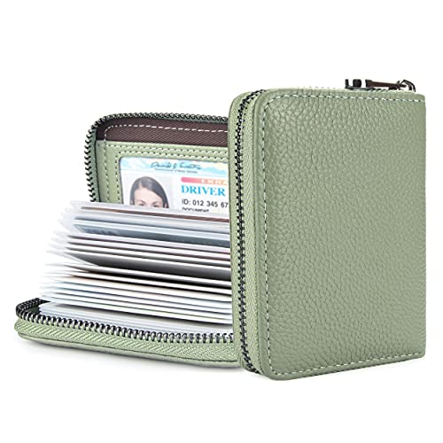 Suweibuke Genuine Leather Credit Card Holder Wallet RFID Blocking Secure Card Case ID Case Organizer Zipper Wallet (A-Light Green)