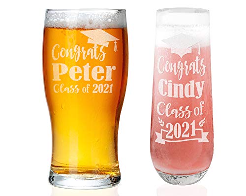 Custom-Engraved-Glasses-by-StockingFactory Graduation Personalized Stemless or Beer Class of 2021 Family Party Favors Man Cave Pub Style Grad Decorations for Women Men Wine