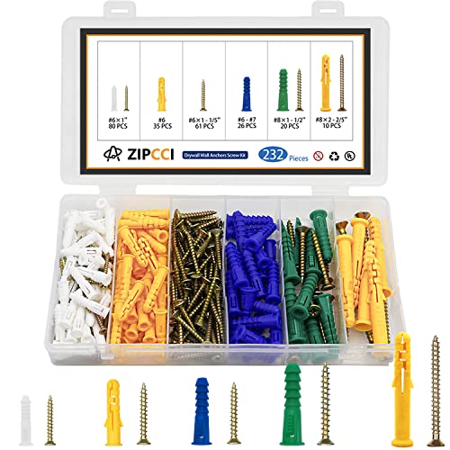 ZIPCCI 232Pcs Drywall Anchors and Screws Kit, Includes 116Pcs Plastic Wall Anchors Set, 116Pcs Wood Screw, Wall Anchors and Screws for Drywall