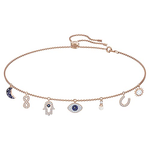 Swarovski Symbolic Collection Women's Choker-Style Necklace, with Seven Blue and White Crystal Charms, Rose-Gold Tone Plated Chain