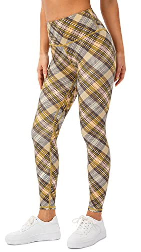 Lavento Women's Hugged Feeling Workout Leggings Plaid - High Waisted Running Tights Yoga Legging (Plaid #5, 4)