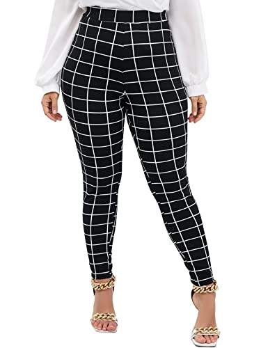 MakeMeChic Women's Plus Size Plaid High Waisted Leggings Skinny Pants A-Black and White 3XL
