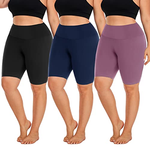 Hi Clasmix 3 Pack Plus Size Biker Shorts for Women(1X-4X)-High Waisted Non-See Through Workout Super Soft Black Yoga Shorts(3 Pack Black+Navy+Pink,3XL)
