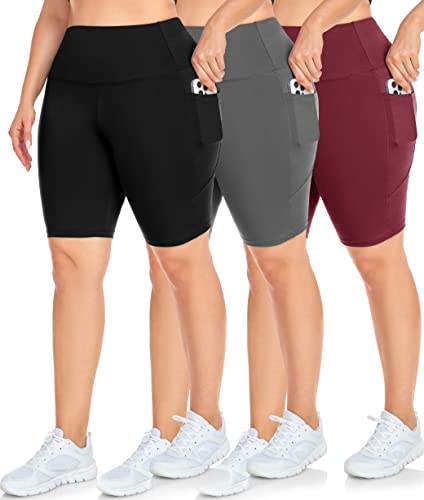 NEW YOUNG 3 Pack Plus Size Biker Shorts with Pockets for Women-High Waisted 8" Yoga Pants Workout Shorts