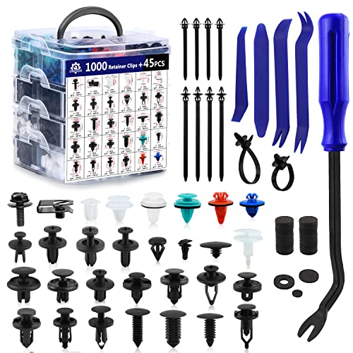 1045PCS Car Push Retainer Clips & Auto Fasteners Assortment-30 Most Popular Sizes Nylon Bumper Fender Rivets with 10 Cable Ties and Blue Fastener Remover for Ford GM Toyota Honda Chrysler Benz Nissan