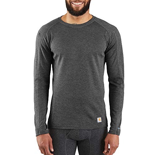 Carhartt Men's Force Midweight Synthetic-Wool Blend Base Layer Crewneck Pocket Top, Dark Black Heather, Large