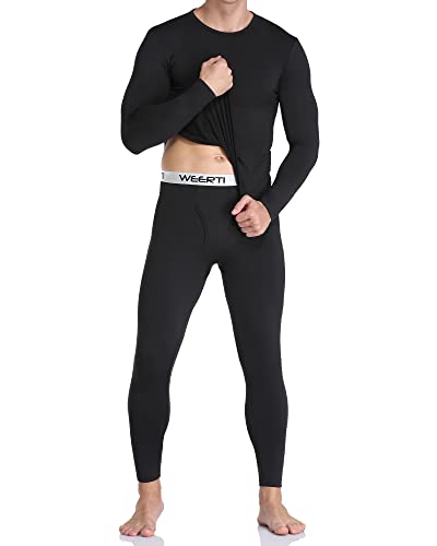 WEERTI Thermal Underwear for Men, Long Johns Base Layer Fleece Lined Top Bottom (Black M)