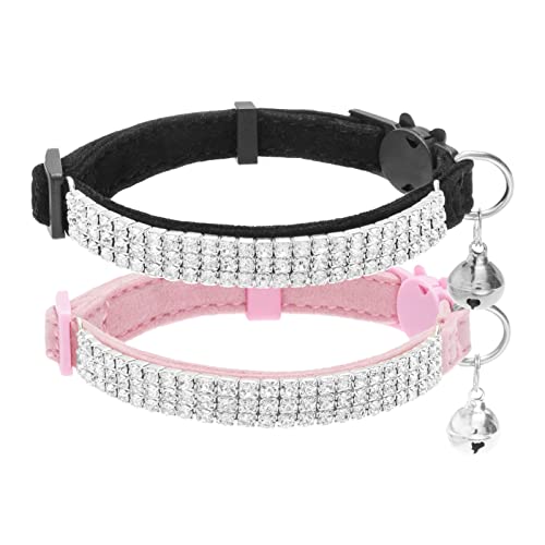 EXPAWLORER Soft Velvet Safe Cat Collars for Girl Cats -2 Pack Rhinestones Bling Diamante Adjustable Collars - Cat Collar Breakaway with Bells for Boy Cats Kitty and Small Dogs