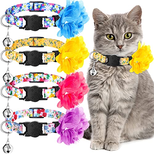 4 Pieces Cat Collar Flower with Bell and Removable Floral Flower Patterns Adjustable Collar for Pets Holiday Party and Daily Decoration (Small)