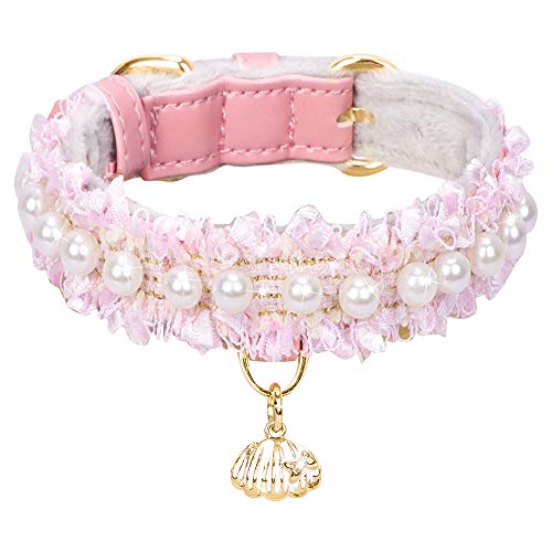 PetsHome Cat Collar, Dog Collar, [Beautiful Lace][Cute Pearl] Premium PU Leather Pet Collar with Shell Pendant Adjustable Collar for Cat and Small Dog Small Pink