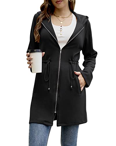 Ywyxhzha Women's Casual Tunic Zip Up Hoodies Sweatshirts Long Fleece Jacket Cardigan Coat (Black,Large)