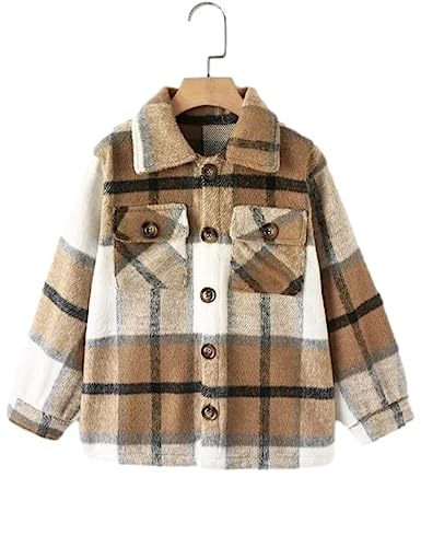 Fhniepan Girls Flannel Plaid Button Down Long Sleeve Shirt Jacket Shackets (5-6Years, Khaki)