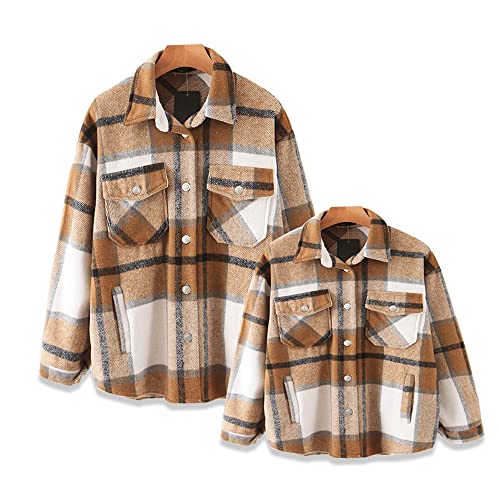 Flannel Family Womens Girls Plaid Jacket Shacket Long Sleeve Button Down Fall Casual Checked Shirts Coats Outfits