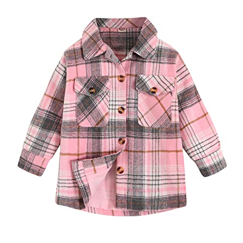 YOUNGER TREE Kids Little Girls Baby Plaid Shacket Flannel Jacket Button Down Shirt Girls Winter Coats 2-6T(Pink,3-4T)