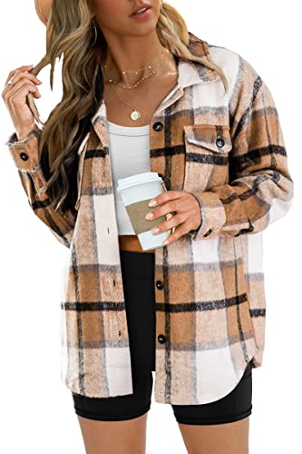 EFAN Womens Plaid Shacket Jacket Flannel Shirts Long Sleeve Corduroy Coat Button Down Fall Tops Jacket Winter Fashion 2022 Teen Girls Clothing Y2k Tops Apricot