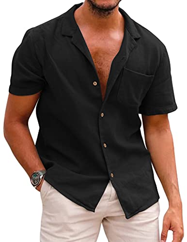 COOFANDY Men Cotton Linen Shirts Short Sleeve Button Down Relaxed Fit Floral Beach Shirts A- Black