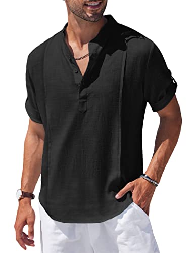 COOFANDY Men's Linen Henley Shirts Short Sleeve Casual Banded Collar Shirt Summer Beach Hippie T Shirts Black