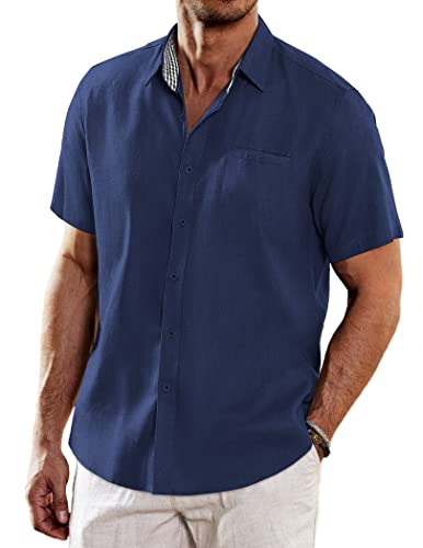 COOFANDY Men's Short Sleeve Linen Shirts Casual Button Down Shirt Summer Beach Tops Navy Blue