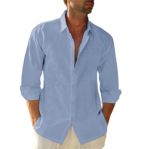 JEKAOYI Button Down Linen Shirts for Men Casual Long Sleeve Regular Fit Cotton Beach Shirts with Pocket Blue