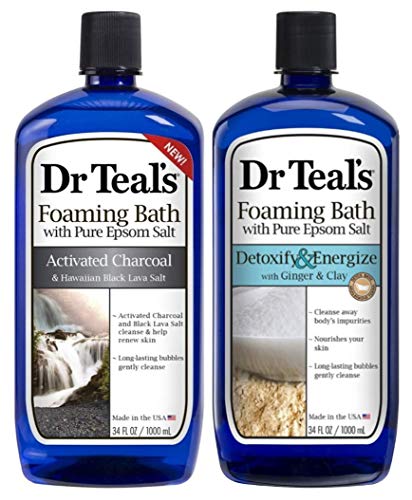 Dr Teal's Foaming Bath Variety Gift Set (2 Pack, 34oz Ea.) - Activated Charcoal & Hawaiian Black Lava Salt, Detoxify & Energize with Ginger & Clay - Essential Oils, Pure Epsom Salt - Stress Relief