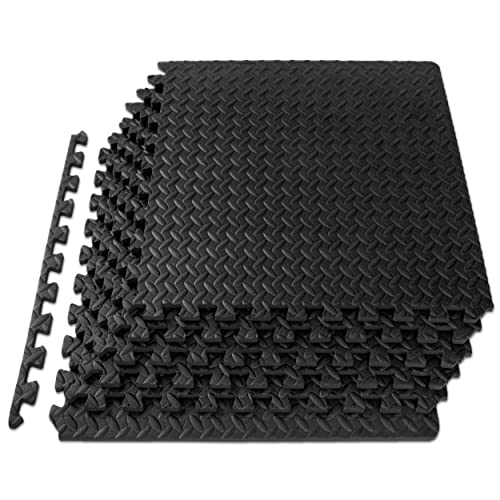 ProsourceFit Exercise Puzzle Mat  inch, 24 SQ FT, 6 Tiles, EVA Foam Interlocking Tiles Protective and Cushion Flooring for Gym Equipment, Exercise and Play Area, Black