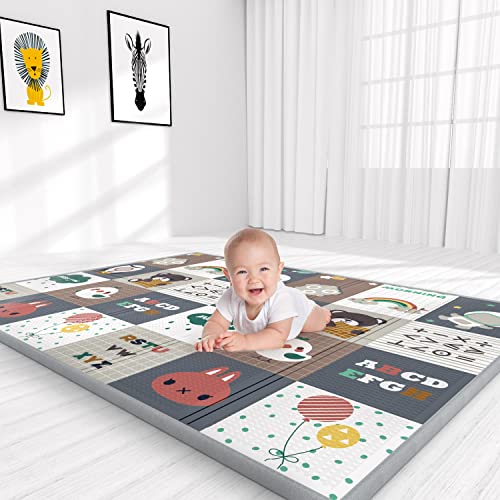 YOOVEE Foldable Baby Play Mat for Crawling, Extra Large Play Mat for Baby, Waterproof Non Toxic Anti-Slip Reversible Foam Playmat for Baby Toddlers Kids, 79" x 71" x 0.4"