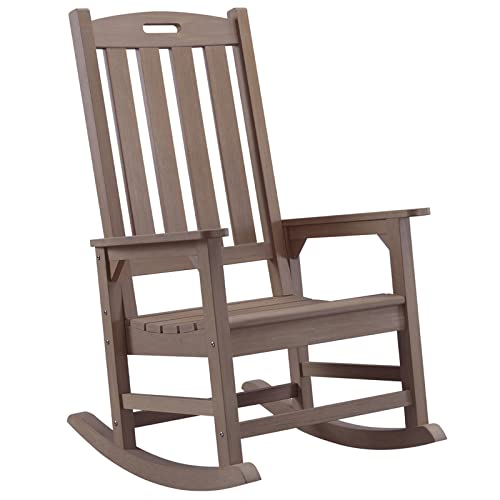 Psilvam Patio Rocking Chair, Poly Lumber Porch Rocker with High Back, 350Lbs Support Rocking Chairs for Both Outdoor and Indoor, Poly Rocker Chair Looks Like Real Wood (Brown)