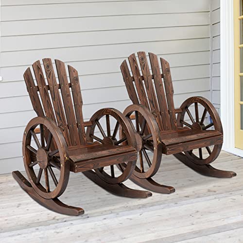 kinbor 2pcs Rustic Outdoor Rocking Chair - Double Adirondack Rocker Chairs Wooden with Wheel Armrest, Porch Patio Lawn Garden Furniture for Country Yard Porch Garden Lounging, Brown