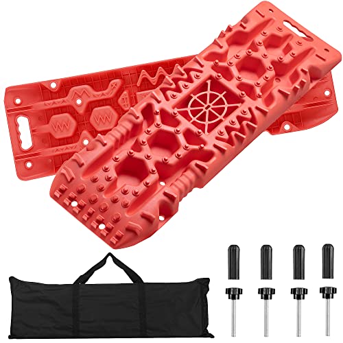 OFF ROAD BOAR Traction Boards, 2 Pcs Recovery Boards with Jack Lift Base, 4WD Recovery Traction Tracks with Bag for Snow, Sand, Mud (Red)