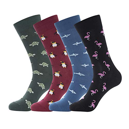 KONY Men's Funny Patterned Socks - Cotton Fun and Cool Casual Dress Crew Socks 4 Pack (Shoe Size 9-12) (Marine Animal)