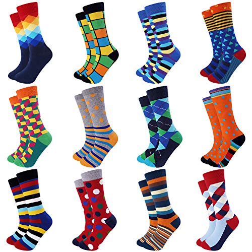 Jeasona Mens Dress Socks Crew Pack Funny Fun Crazy Novelty Cool Funky Cotton (Multicolored 12 Pairs, 12)