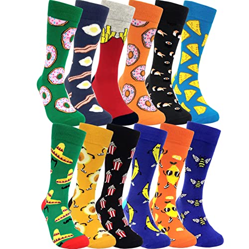 HSELL Funny Mens Colorful Dress Socks Fun Novelty Patterned Crazy Design Socks (12 Pairs - Donuts)