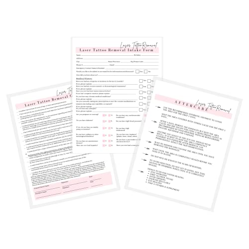 Laser Tattoo Removal Intake, Consent, and Aftercare Form | 75 Pack | 8.5 x 11" A1 Forms | Clients Signature | Laser Tattoo Removal Client Forms Bundle | White and Pink Design