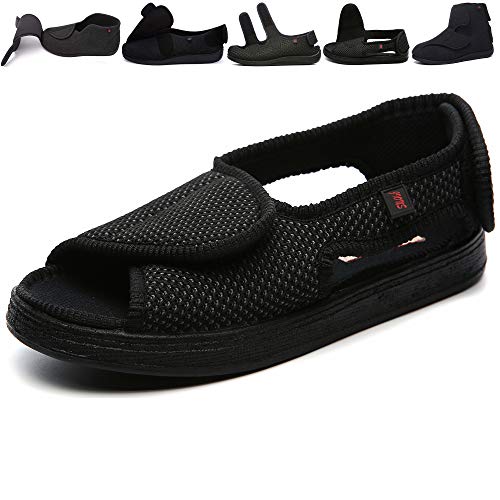 JIONS Unisex Diabetic Shoes for Women Men Adjustable Velco Slippers Swollen Feet Edema Extra Wide Shoes Indoor Outdoor Large Size (40/9/6.5, D- Breathable Black)