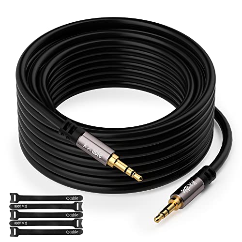 3.5mm Auxiliary Audio Stereo Cable 25 Feet, Long Male to Male Aux Cord, Gold Plated Connectors, OFC Core, Black Cable (with 5 pcs Cable Ties) - 25ft