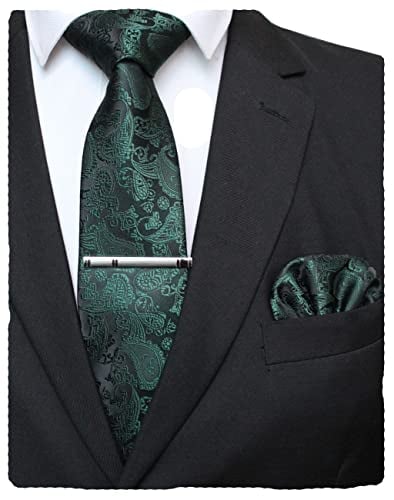 JEMYGINS Dark Green Paisley Tie Wedding Business Silk Necktie and Pocket Square, Hankerchief with Tie Clip Sets for Men(7)