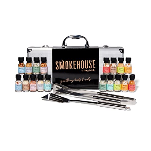 Smokehouse by Thoughtfully, BBQ Grilling Case and Rubs Gift Set, Vegan and Vegetarian, Includes Case, Spatula, Tongs, 18 Rubs, Salts and Seasonings