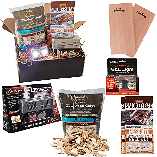 Grilling Barbecue Accessories Gift Box - BBQ Set Includes Cedar Grill Planks, Smoker Box, Hickory Smoking Wood Chips, Mesquite Smoker Bags, LED Night Grill Light-The Ultimate Fathers Day BBQ Gift