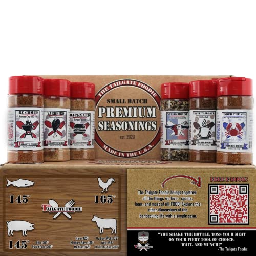 THE TAILGATE FOODIE Rare Pitmaster Gourmet Seasonings | 8 pc Grill Essentials Gift Set | 6 Secret Competition BBQ Spice Blends for Ribs, Pork, Brisket, Chicken, Fish, Steak **Great Father's Day Gift**