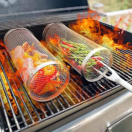 2PCS Rolling Grilling Basket - Greatest Grilling Basket Ever, Round Stainless Steel BBQ Grill Mesh, Camping Barbecue Rack for Vegetables, French Fries, Fish (7.87x3.54x3.54 inch) (2PC)