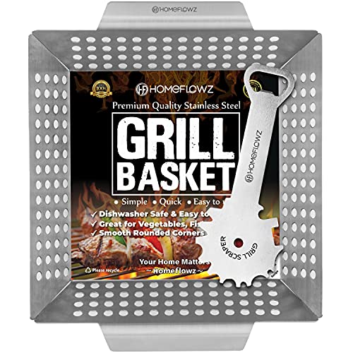 Homeflowz Heavy Duty Grill Basket and Scraper  Large Vegetable Grill Basket for more Veggies - Stainless Steel Grilling Basket - Grill Baskets for Outdoor Grill -Perfect BBQ Basket for All Grills and Vegetable