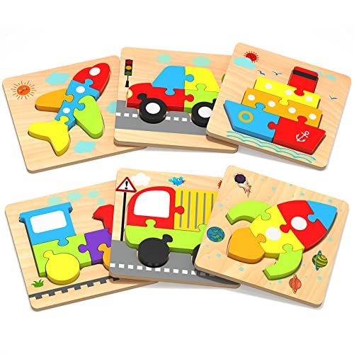 Yetonamr Wooden Toddler Puzzles Gifts Toys for 1 2 3 Years Old Boys Girls, 6 Vehicle Shape Jigsaw Montessori Educational Developmental Kids Toys Gift Baby Learning Travel Toy Age 1-3