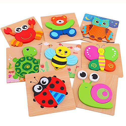 AOLIGE 8Pcs Wooden Jigsaw Puzzles Animal Educational Toys for Toddlers Kids Pegged Puzzles 1 2 3 Years Old