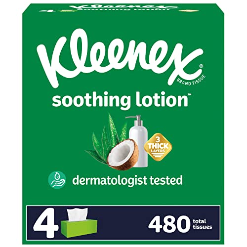 Kleenex Soothing Lotion Facial Tissues with Coconut Oil, 4 Flat Boxes, 120 Tissues per Box, 3-Ply (480 Total Tissues), Packaging May Vary