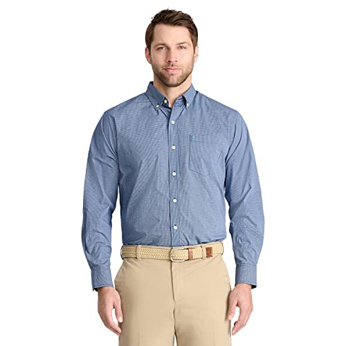 IZOD Men's Premium Performance Natural Stretch Check Long Sleeve Shirt (Regular and Slim Fit) Basic Estate Blue, Large