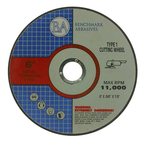 Benchmark Abrasives 6" Aluminum Oxide Quality Thin Cut Off Benchmark Abrasives 6" Aluminum Oxide Quality Thin Cut Off Wheel for Metal and Stainless Steel .045" Thick 7/8" Arbor, Angle Grinder Wheel, Grinder Cutting Wheel - 25 Pack for Metal and Stainless Steel .045" Thick 7/8" Arbor, Angle Grinder Wheel, Grinder Cutting Wheel