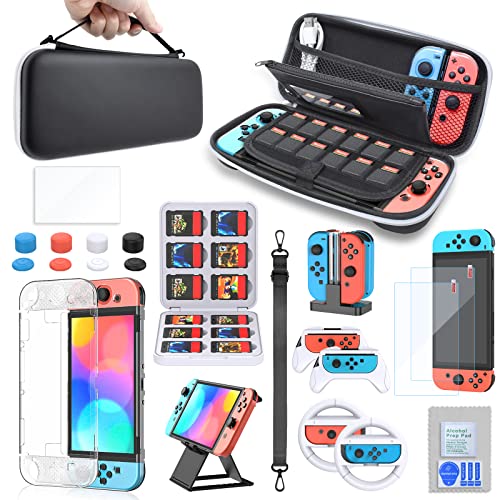 Carrying Case & Accessories Bundle Kit for Nintendo Switch OLED 2021 Model with Charging Dock, 3in1 Protective Case, Screen Protector, Racing Steering Wheel Grip, Handle Grip, Thumbstick Cap&PlayStand